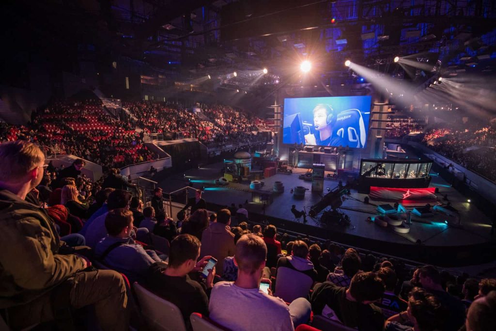 saint petersburg, russia october 28 2017: epicenter counter strike: global offensive cyber sport event. main venue stage and the screen with live picture from the game