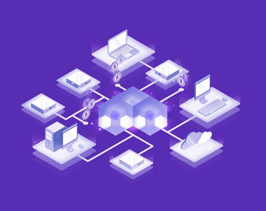 computers and servers connected into blockchain formation, bitcoin network. cryptocurrency service, decentralized and distributed database, innovative technology. isometric vector illustration.